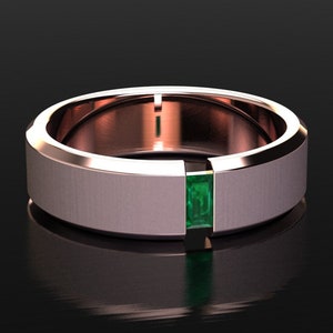Mens Smaragd Ehering, Rose Gold Ring, Jubiläum Verlobungsring, 6mm Band, gebürstet Mitte, Unisex, Herren Smaragd Ring