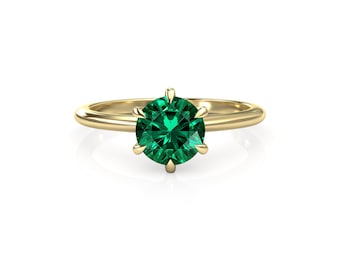 Emerald Ring, 14k Yellow Gold Emerald Engagement Ring, Anniversary, Round Solitaire, 6 Prong Solitaire, Round Emerald Gift Jewelry For Her