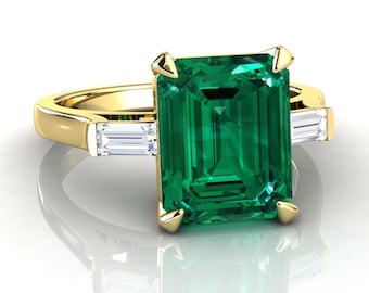 3 Carat Emerald Engagement Ring, Yellow Gold Emerald Ring, Emerald Three Stone Ring, Emerald Anniversary Ring, Emerald Cocktail Ring
