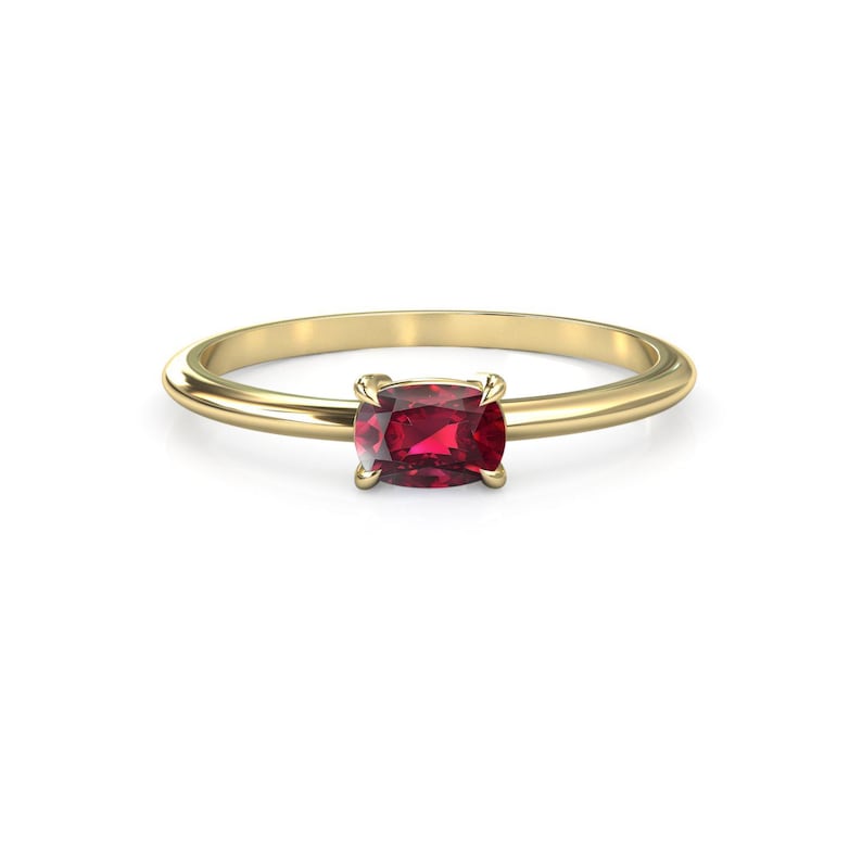 Cushion Red Ruby Stacking Ring Engagement Ring, July Birthstone, Small Petite, Gift For Her, Woman's Wedding Jewelry, Solid Yellow Gold