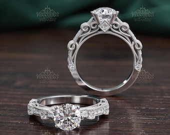 Moissanite Engagement Ring Set, Vintage Style Bridal Wedding Jewelry, Silver, White Gold Or Platinum