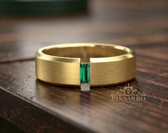Mens Emerald Wedding Band, Yellow Gold Ring, Anniversary Engagement Promise Ring, 6mm Band, Brushed Finish Center, Unisex, Mens Emerald Ring