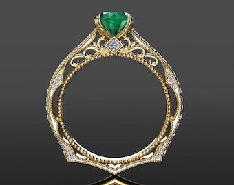 Emerald Engagement Ring, Unique Emerald Ring, Vintage Style Emerald Ring, Yellow Gold Ring, Emerald Anniversary Ring, Emerald Cocktail Ring