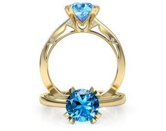 Swiss Blue Topaz Engagement Ring, Unique Bridal Wedding Set, Anniversary Gift For Her, Silver, 10k, 14k, Or 18k Solid Yellow Gold Rings