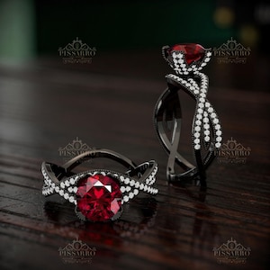1.85ct Ruby Engagement Ring, Vintage Style, Round Diamonds, Black Gold Jewelry