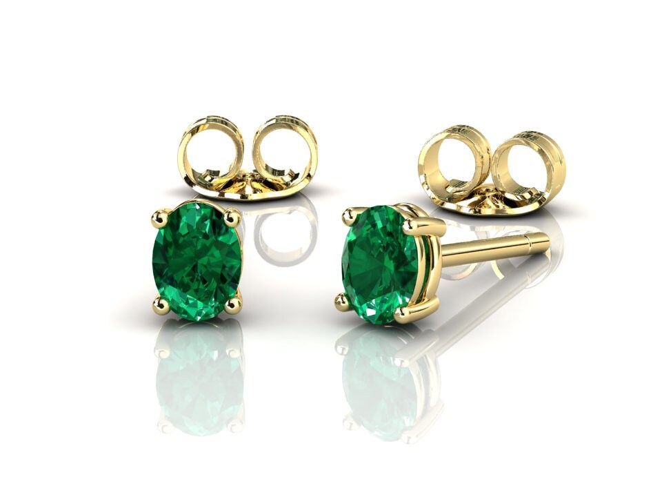 Oval Emerald Stud Earrings, 14k Solid Yellow Gold Mini Studs, May