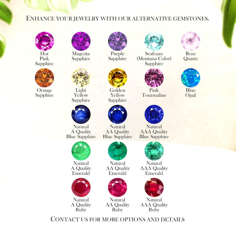 May include: An image showcasing a selection of gemstones in shades of pink, purple, blue, and green. The text reads "Enhance Your Jewelry With Our Alternative Gemstones" and "Contact Us For More Options and Details."