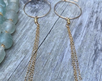 Dreamcatcher Boho Hoops with Gold Chain Dangles - 14K Gold Filled