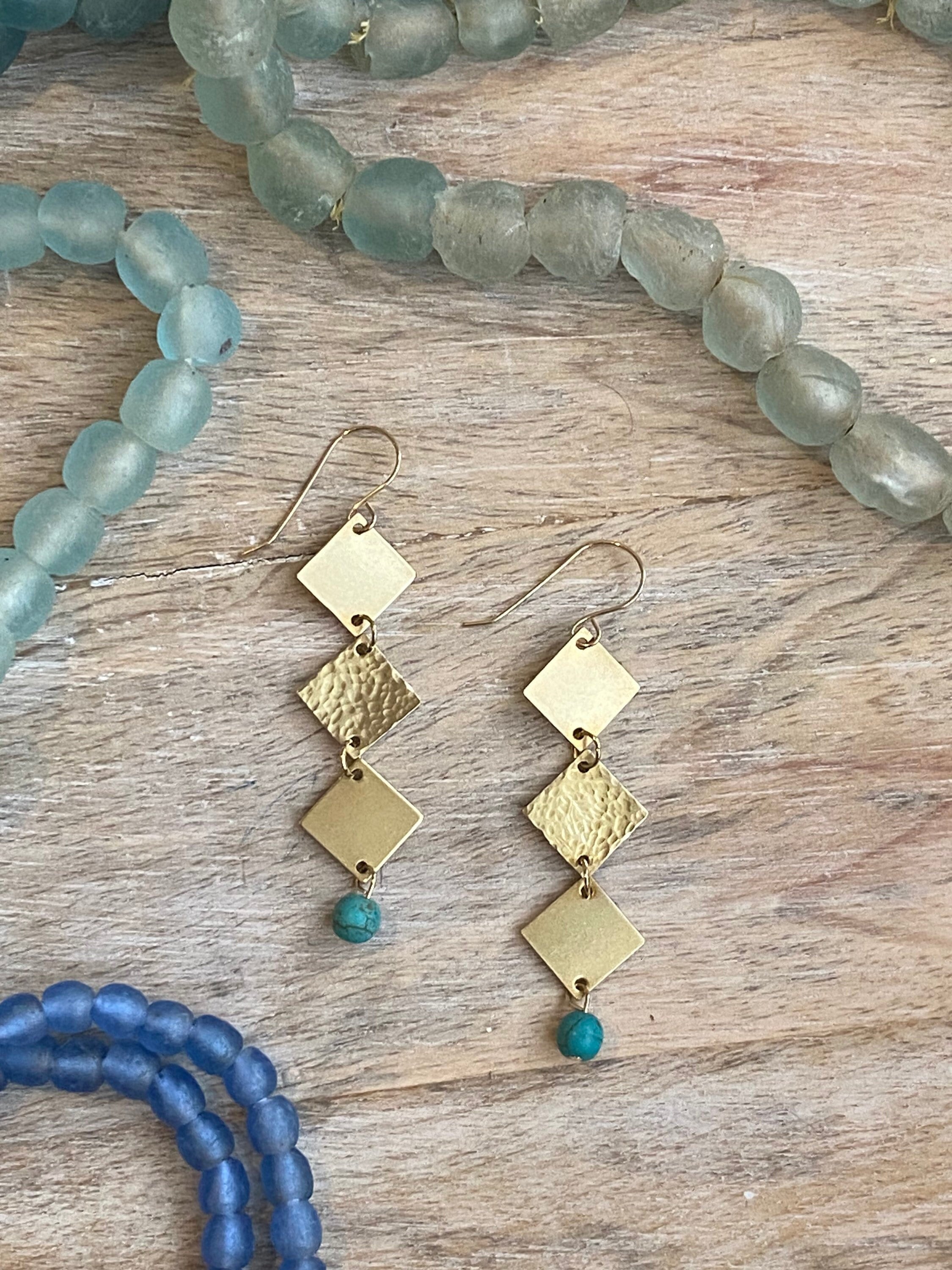Charlie Geometric Square Diamond Brass Dangle Earrings - Boho, 14K 