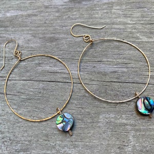 Abalone Gold Hoop Earrings, 14k Gold Filled, Minimalistic, Beachy, Boho