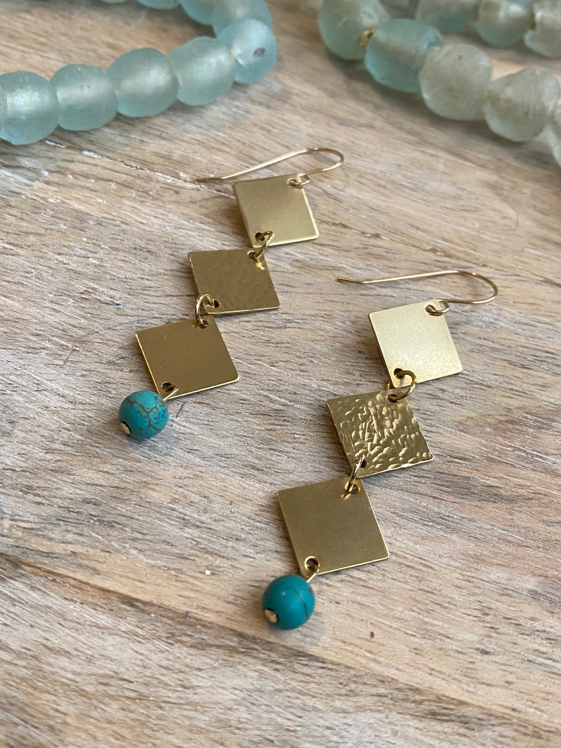 Charlie Geometric Square Diamond Brass Dangle Earrings - Boho, 14K 