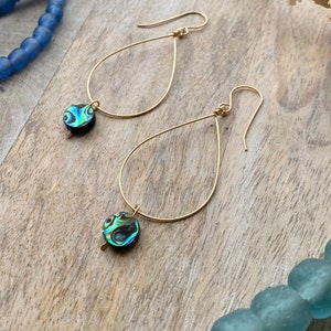 Gold Abalone Teardrop Earrings | Beachy, Boho, 14K Gold Filled Hoops