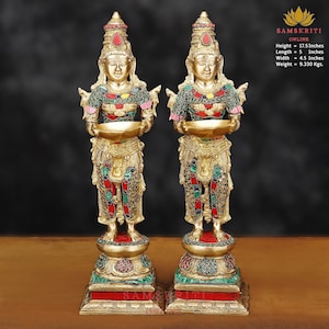 Brass Deep Lakshmi Statue pair , 44 cm Big Golden Finish Brass Deepalakshmi idol, Brass Deep Laxmi Oil Lamp Pair, Brass Deepalaxmi figure.