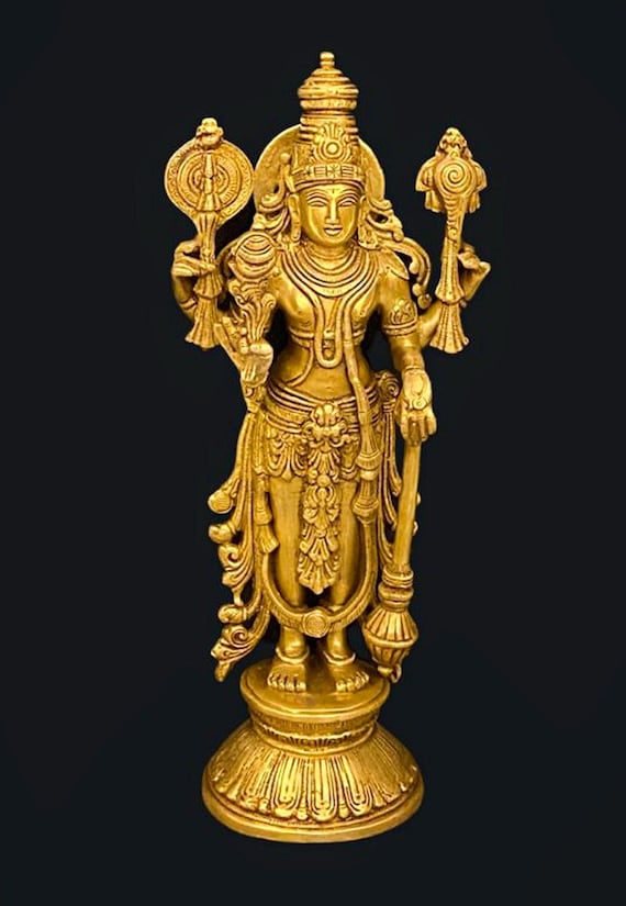 Brass Statue of Lord Vishnu . Narayan Idol, Standing Vishnu Statue . 