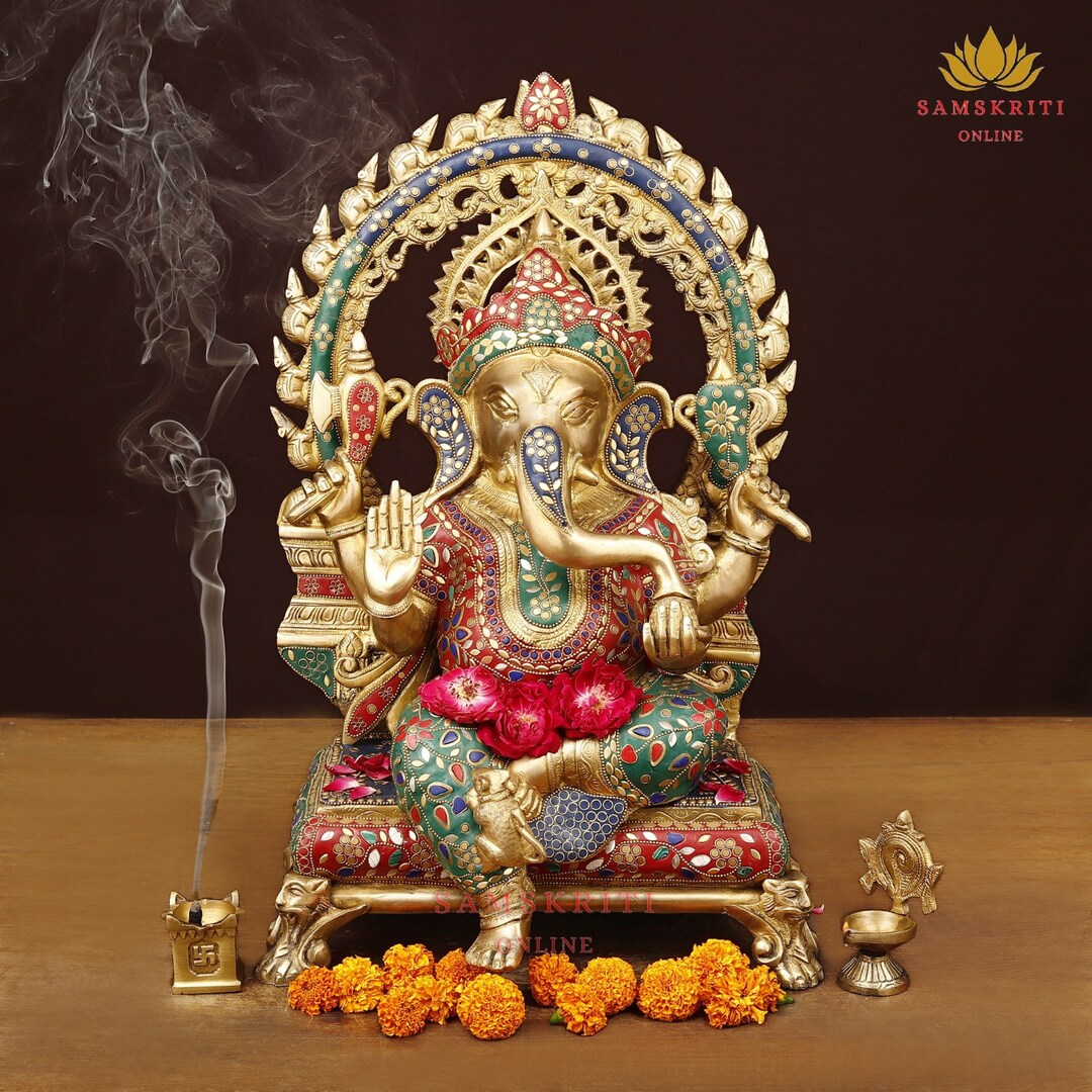 Buy Ganesha Statue in Brass . Lord Ganesha Sculpture With Stonework