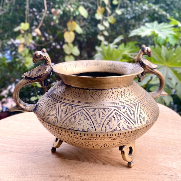 Vintage brass Large planter / pot with peacock handles . Brass flower pot .Collectors item . Home decor .