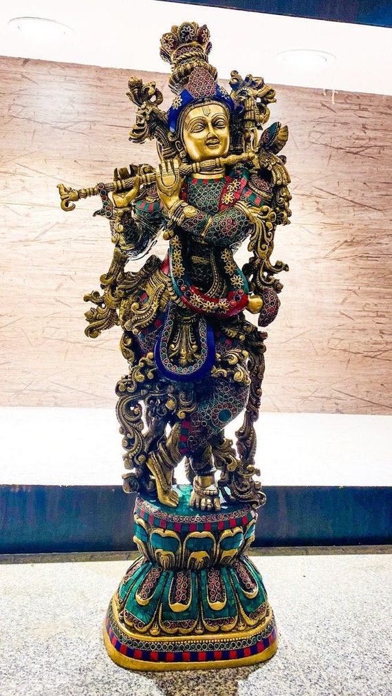 Brass Krishna Statue, Krishna Statue for Home Decor, Corner Table Decor,  Krishna Idol, Indian Brass Art, Brass Figurine, Pooja Decor Gift 