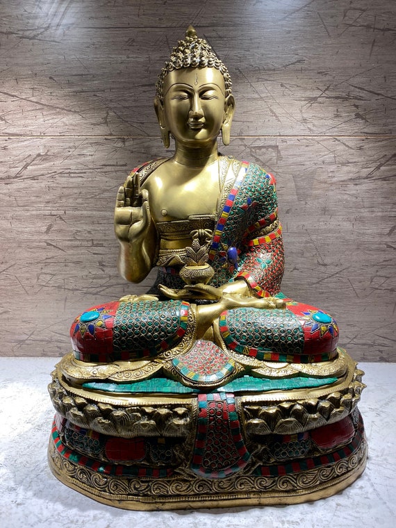 Statua di Buddha in ottone grande, 63 cm. Idolo del Buddha che tocca la  terra in