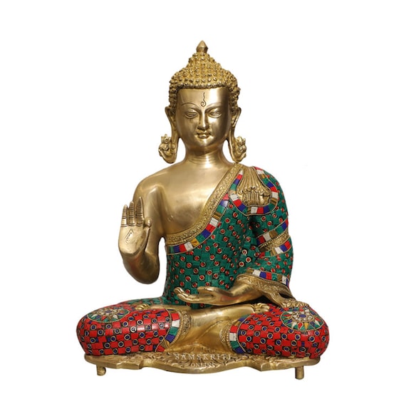 GIFT DECOR BLESSING BUDDHA INTRICATE CARVED BRASS SHAKYAMUNI BUDDHA STATUE 