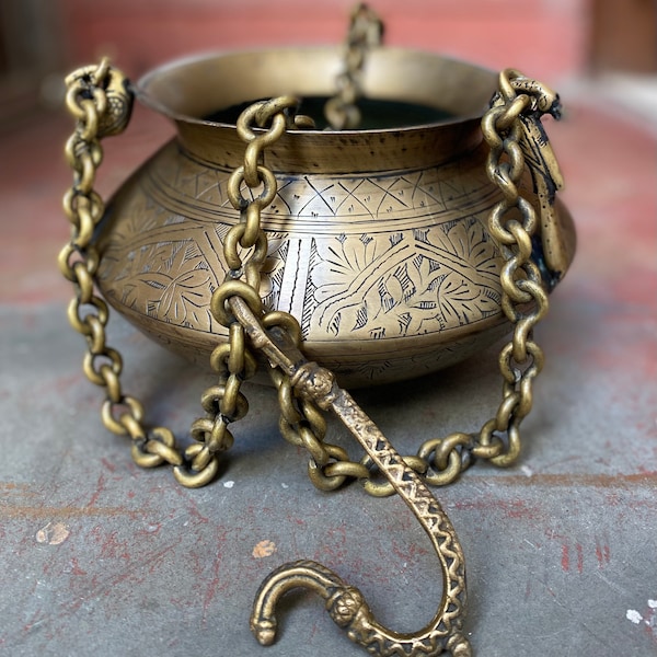 Vintage brass Large hanging planter / pot with peacock handles . Brass flower pot .Collectors item . Home decor .