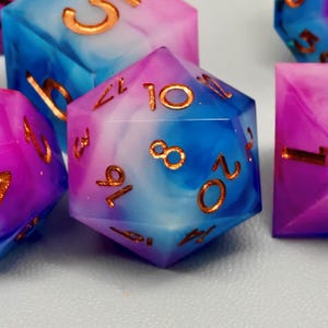 Pink and Blue DND Dice Set, Resin Sharp Edge D&D Dice Set for Gifts, Dungeons and Dragons Polyhedral RPG D6, D20 Dice
