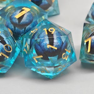 Blue Dragon Eye Dice Liquid Core Dice Set, Handmade Sharp Edge Resin Dice for DnD, RPG, Tabletop Games, D20 Dice Set, DND Player Gift
