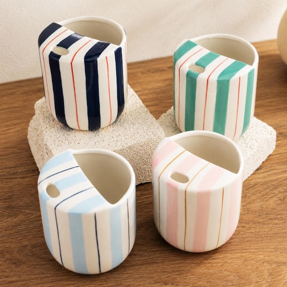 Ceramic Travel Mug, To Go Coffee Tumbler, Hand Painted Striped Sip Cup, Handmade Pottery Coffee Mug