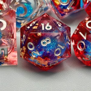 Red Blue With Gold Foil Liquid Core DnD Dice Set, Unique Dungeons and Dragons Dice Set for Gifts, Mystical RPG D&D Dice Gift