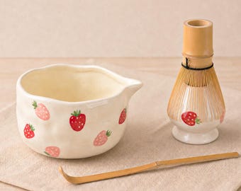 Handmade Ceramic Matcha Set, Hand-Painted Strawberry Chawan with Spout, Matcha Gift Set for Her