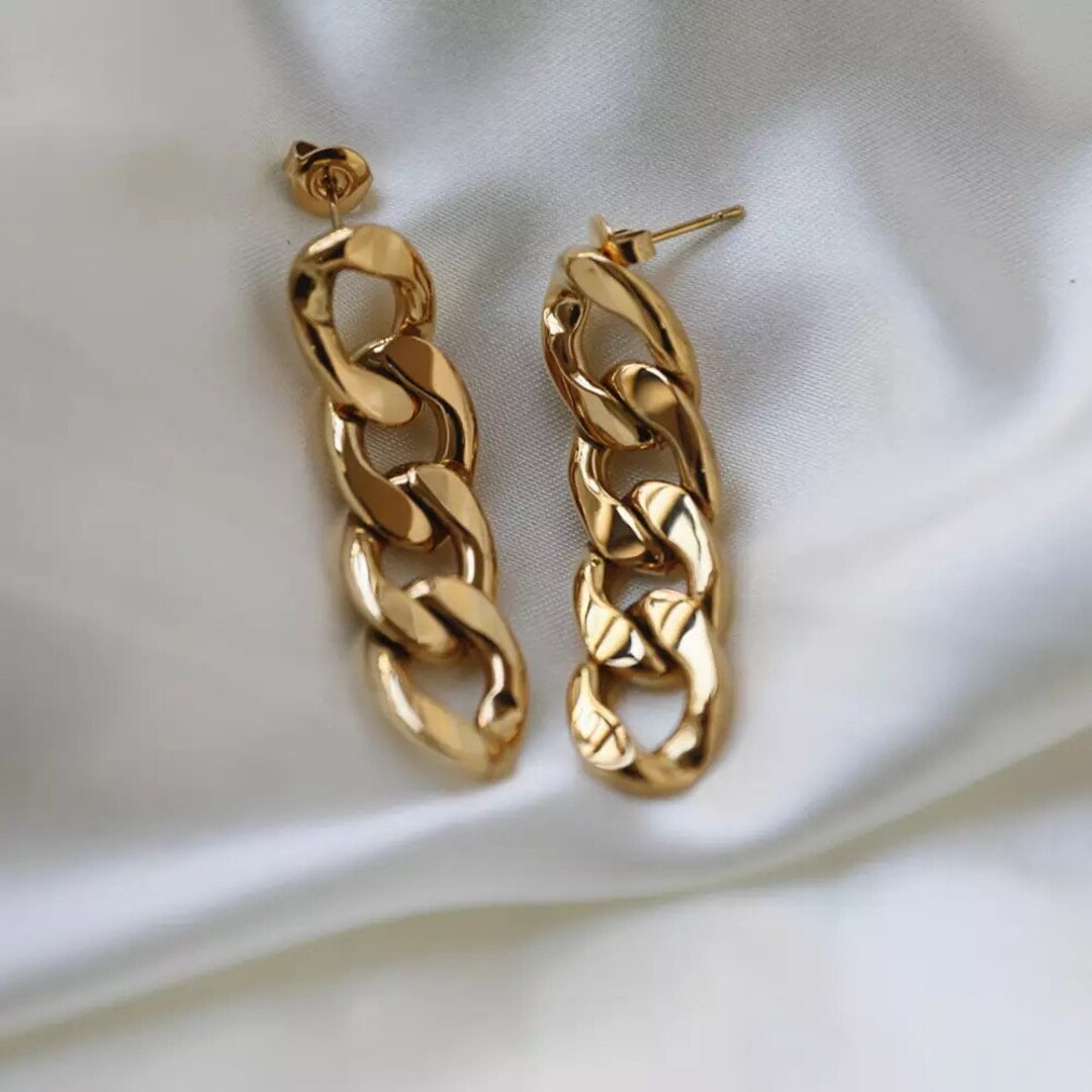 18K Gold Chain Earrings, Link Chain Earrings, Cuban Chain Earrings