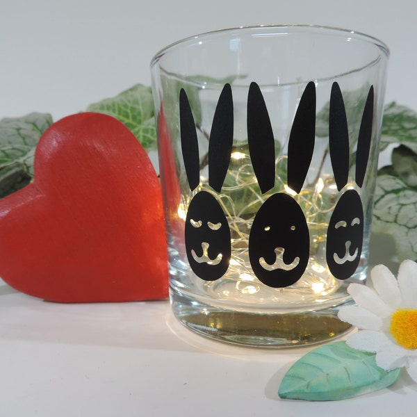 Teelicht Glas mit print "drei Hasen Köpfe" schwarz matt Dekoglas Muttertags Geschenk Frühling Ostern Unikat Handgemacht Party Glas