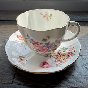 Vintage Royal Crown Derby Teacup: Floral Bone China, &quot;Derby Posies&quot; Pattern