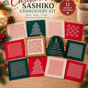 May include: A Christmas Sashiko embroidery kit featuring 12 unique patterns. The set includes several square fabric pieces with red and white stitched designs, a small wooden frame, and a dark green drawstring pouch with a stitched tree design.