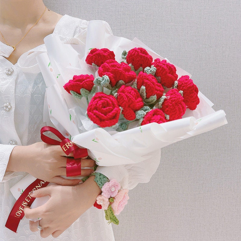 Crochet Rose Flower Handmade Bouquet Knitted Fake Red Rose Etsy