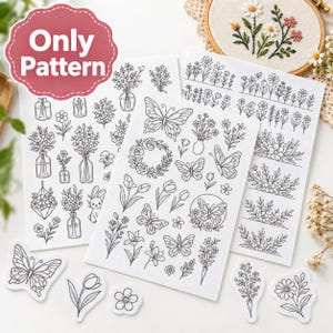 Floral Stick and Stitch Patterns, Water Soluble Self-Adhesive Embroidery Sheets, Botanical Needlework Supply