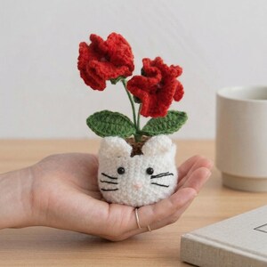 Crochet Red Carnation Potted Plant, Handmade Cat Planter, Amigurumi Flower Home Decor