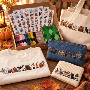 Halloween-broderikit med 8 vattenlösliga mönster och garn i 24 färger