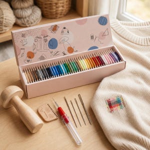 Darning Mushroom Kit with 38-Color Wool Blend Yarn and Repair Needles
