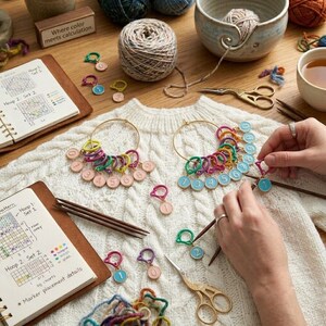 Pode incluir: Um conjunto de marcadores de pontos metálicos coloridos com pingentes numerados dispostos em dois aros dourados, colocados sobre uma camisola de malha trançada branca junto com agulhas de tricô, lã, tesouras e dois cadernos abertos com padrões.