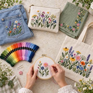 Könnte beinhalten: Eine Sammlung von Stickartikeln, darunter eine blaue Jeanstasche, ein cremefarbener Reißverschlussbeutel, ein grünes Tuch und eine Tragetasche, alle mit bunter Blumenstickerei. Ein runder Holzstickrahmen mit Blumenstickerei und Regenbogen-Garnsträngen.