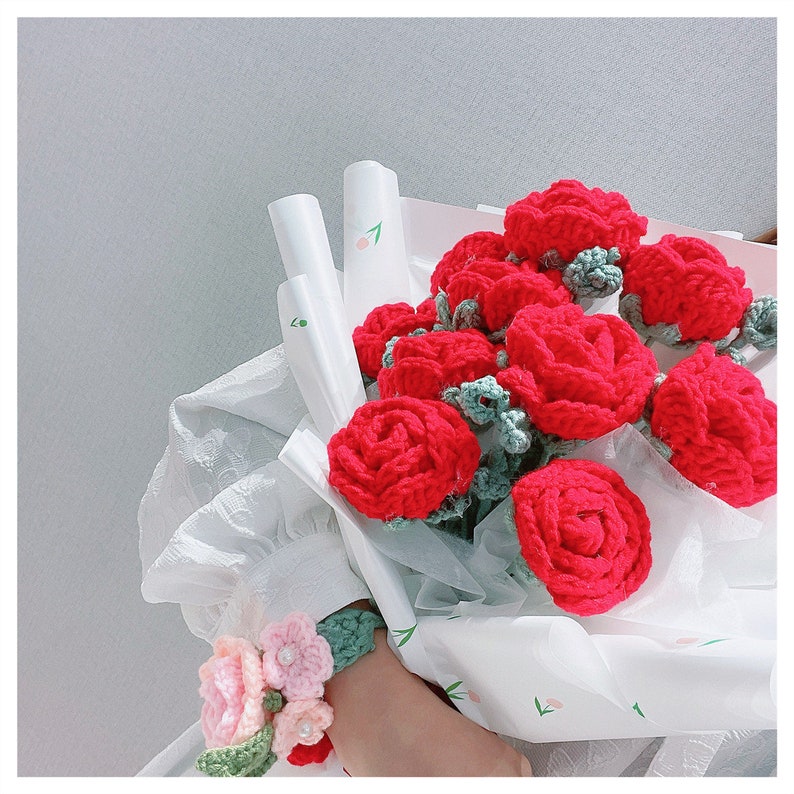 Crochet Rose Flower Handmade Bouquet Knitted Fake Red Rose Etsy