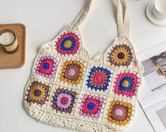 Grandma Square Crochet, White Grandma Square Handmade Crochet Bag, Colorful Flowers Shoulder Bag, Vintage Style Tote Bag, Romantic Handbags