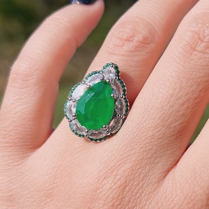 Green EMERALD RING Floarl Luxury Pear/ Tear Drop Vibrant Green Emerald Halo Ring Aug Birthstone Emerald Neon Glowing Adujustable Size6-8
