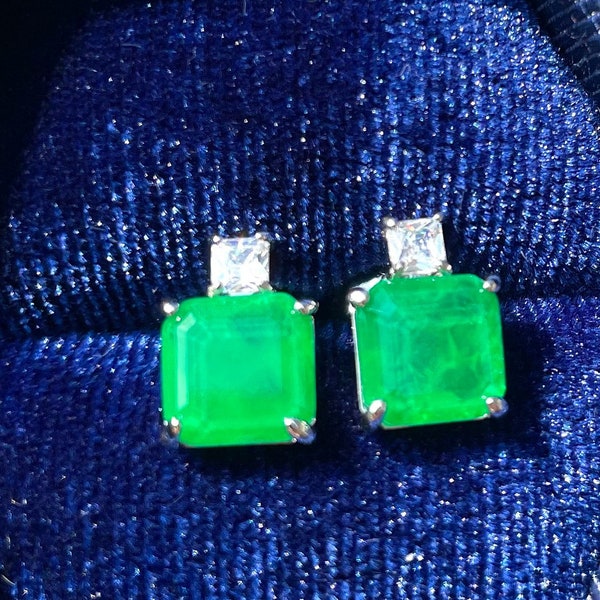 Simulated Mini EMERALD Luxury Vibrant Green Emerald Earring Stud Elegant Style, Neon Glowing Silver Color Setting May Birthstone 18KGP