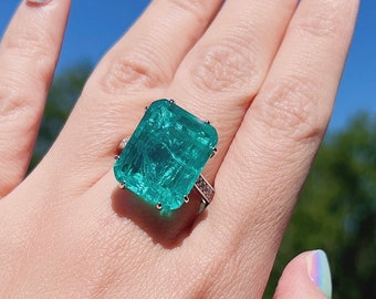 15*20mm MINIMALISM Jumbo Statment Vintage Ring, Magnificent Exotic Neon Green Anniversary Ring For May Birthstone Gift S925 w 18KGP