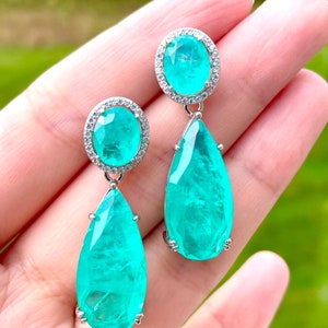 PARAIBA Blue Halo EARRING Dangle Drop Chandelier TOURMALINE Magnificent Exotic Neon Vivid Blue Color Exotic Neon Glow Blue Paraiba 18KGP