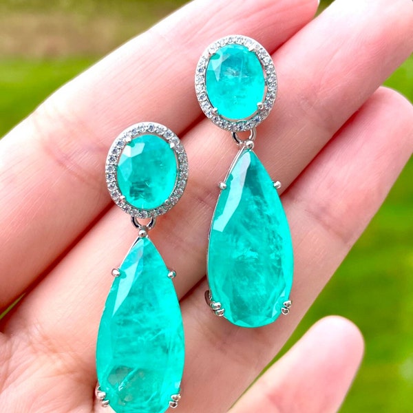 PARAIBA Blue Halo EARRING Dangle Drop Chandelier TOURMALINE Magnificent Exotic Neon Vivid Blue Color Exotic Neon Glow Blue Paraiba 18KGP