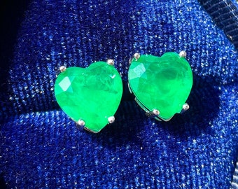 MINI Green EMERALD Heart Earring Stud Neon Glowing Vibrant Green Emerald Simulant, 18KGP Best Gift For Her MAY Birthstone