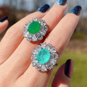 Simulated Green EMERALD RING Luxury Vibrant Green Emerald Ring Aug Birthstone Emerald Earring Neon Glowing Best Gift For Her S925 w 18KGP