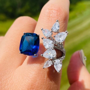 Royal Floral Ring, Luxury Royal Deep Blue Sapphire Ring, Royal Queen Ring, Crown Queen Ring, Best Engagement Statement Ring Adjustable US6-8